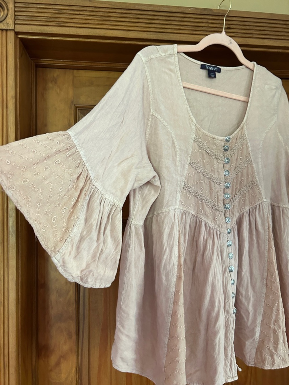 Roaman's Light Dusty Pink Embroidered Button-Front Tunic - Picture 3 of 4